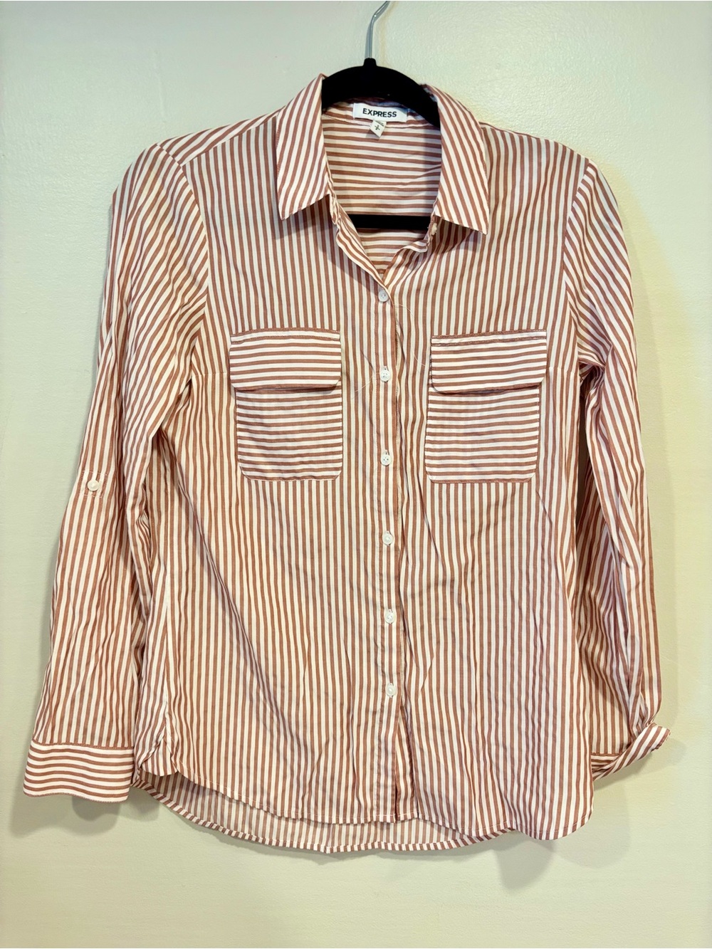 Express Portofino Button Down Shirt Striped Rust White Pinstripes Women's Small